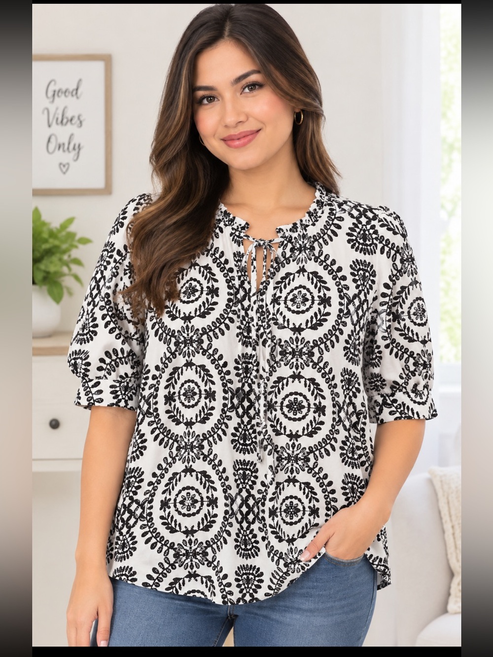 SHEIN Curve Black & White Tie-Neck Geometric Printed Blouse 1X